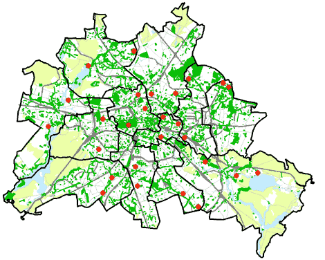 A berlin terletn tallhat jtszterek - pirossal vannak jelltve